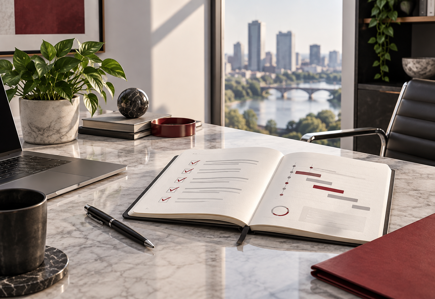 An organized workspace with a planner, timeline, laptop, and project notes